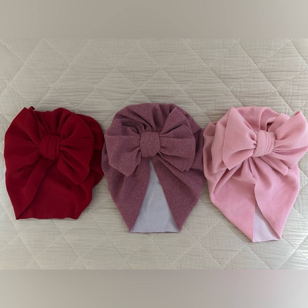 Set of 3 Baby Beanies with Bow Knot - Red, Purple, & Pink
